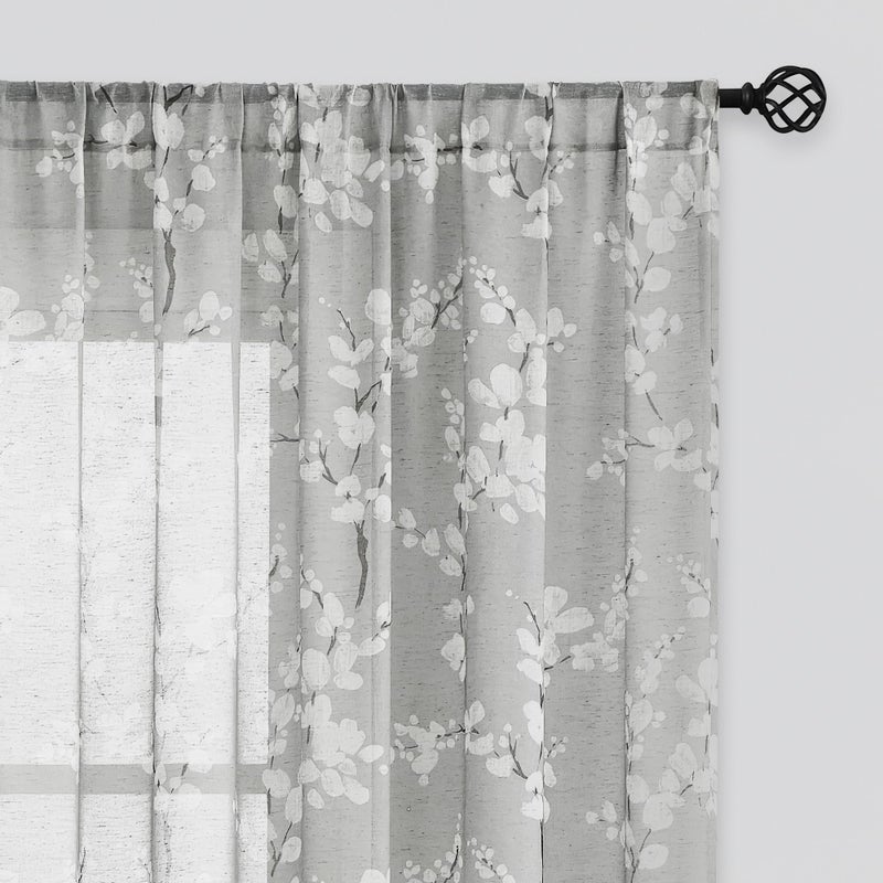 FMFUNCTEX Linen Sheer Curtains for Bedroom, Grey White Blossom Print Curtains 63 Inch Length for Living Room, Floral Patterned Farmhouse Curtain Light Filtering Window Drapes 2 Panels, Rod Pocket - Image 1